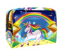Borsa per il trucco blu con unicorno che gioca con stelle dei cartoni animati per borsa da viaggio portatile borsa organizer per articoli da toeletta Beauty Bag, Multicolore 10.,