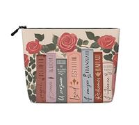 Borsa per il trucco "Books And Flowers", grande capacità, da viaggio per donna, impermeabile, monostrato, in simil canapa, con cerniera, portatile