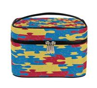 Borsa per il trucco, borsa da toilette da viaggio di grande capacità, con manico e corda elastica fissa, organizer portatile per trucco, Giallo Rosso Blu Jigsaw, Misura unica, Astuccio per trucchi