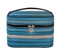 Borsa per il trucco, borsa da toilette da viaggio in legno blu di grande capacità per le donne con manico e corda fissa elastica portatile organizer per trucco, Legno Blu, Misura unica, Astuccio per