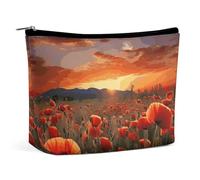 Borsa per il trucco Borsa per cosmetici Borsa per rossetto Borsa con cerniera Campo di fiori di papavero rosso al tramonto Organizzatore stampato Borsa da toeletta portatile Accessori