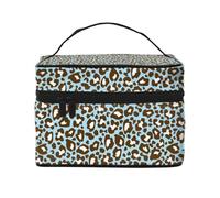Borsa per il trucco, Borsa per cosmetici grande Borsa da viaggio portatile in pelle impermeabile per donne e ragazze,Stampa animalier maculata leopardo blu e marrone