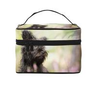 Borsa per il trucco, Borsa per cosmetici grande Borsa da viaggio portatile in pelle impermeabile per donne e ragazze,Affenpinscher Lawn Black Dogs Monkey Terrier