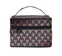 Borsa per il trucco, Borsa per cosmetici grande Borsa da viaggio portatile in pelle impermeabile per donne e ragazze,Conchiglie Art Deco Golden Blu Navy