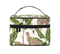 Borsa per il trucco, Borsa per cosmetici grande Borsa da viaggio portatile in pelle impermeabile per donne e ragazze,Fiore tropicale del ghepardo dell'albero di banana dell'annata