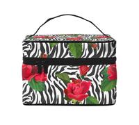 Borsa per il trucco, Borsa per cosmetici grande Borsa da viaggio portatile in pelle impermeabile per donne e ragazze,Zebra animale fiore rosso