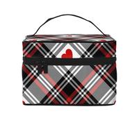 Borsa per il trucco, Borsa per cosmetici grande Borsa da viaggio portatile in pelle impermeabile per donne e ragazze,Cuori scozzesi di San Valentino