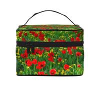 Borsa per il trucco, Borsa per cosmetici grande Borsa da viaggio portatile in pelle impermeabile per donne e ragazze,Stampa di paesaggio del prato della fattoria del campo del papavero rosso