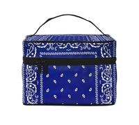 Borsa per il trucco, Borsa per cosmetici grande Borsa da viaggio portatile in pelle impermeabile per donne e ragazze,Modello etnico di stampa Bandana blu