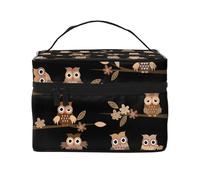 Borsa per il trucco, Borsa per cosmetici grande Borsa da viaggio portatile in pelle impermeabile per donne e ragazze,Gufi svegli del fumetto marrone