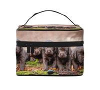 Borsa per il trucco, Borsa per cosmetici grande Borsa da viaggio portatile in pelle impermeabile per donne e ragazze,Cuccioli Labrador Marrone Piccola Famiglia Di Cuccioli