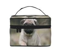 Borsa per il trucco, Borsa per cosmetici grande Borsa da viaggio portatile in pelle impermeabile per donne e ragazze,Carlino Bokeh Cucciolo Cani Prato Animali Carlino