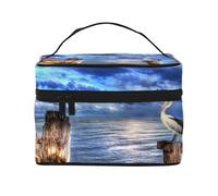 Borsa per il trucco, Borsa per cosmetici grande Borsa da viaggio portatile in pelle impermeabile per donne e ragazze,Stampa del cielo del mare blu degli uccelli del pellicano