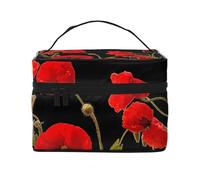 Borsa per il trucco, Borsa per cosmetici grande Borsa da viaggio portatile in pelle impermeabile per donne e ragazze,Il papavero rosso fiorisce il nero astratto floreale variopinto