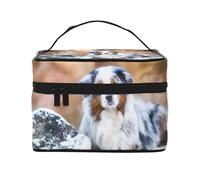 Borsa per il trucco, Borsa per cosmetici grande Borsa da viaggio portatile in pelle impermeabile per donne e ragazze,Pastore australiano neve inverno bellissimi cani