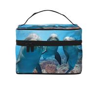 Borsa per il trucco, Borsa per cosmetici grande Borsa da viaggio portatile in pelle impermeabile per donne e ragazze,Delfino divertente animale dell'oceano stampato