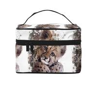 Borsa per il trucco, Borsa per cosmetici grande Borsa da viaggio portatile in pelle impermeabile per donne e ragazze,Arte della pittura ad acquerello del cucciolo di ghepardo