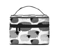 Borsa per il trucco, Borsa per cosmetici grande Borsa da viaggio portatile in pelle impermeabile per donne e ragazze,Pecore divertenti su sfondo grigio