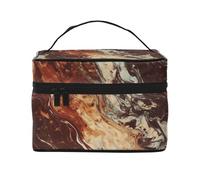 Borsa per il trucco, Borsa per cosmetici grande Borsa da viaggio portatile in pelle impermeabile per donne e ragazze,Stampa marrone misto marmo