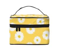Borsa per il trucco, Borsa per cosmetici grande Borsa da viaggio portatile in pelle impermeabile per donne e ragazze,Aster bianco margherita gialla