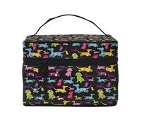 Borsa per il trucco, Borsa per cosmetici grande Borsa da viaggio portatile in pelle impermeabile per donne e ragazze,Teckel Dackel Hund cucciolo colorato amore cane felice creature del cane