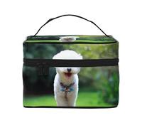 Borsa per il trucco, Borsa per cosmetici grande Borsa da viaggio portatile in pelle impermeabile per donne e ragazze,Bichon Frise Bokeh Animali Cani Parco Cani bianchi
