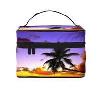 Borsa per il trucco, Borsa per cosmetici grande Borsa da viaggio portatile in pelle impermeabile per donne e ragazze,Paesaggio tropicale degli alberi di cocco di tramonto
