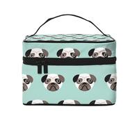 Borsa per il trucco, Borsa per cosmetici grande Borsa da viaggio portatile in pelle impermeabile per donne e ragazze,Carlino Blu Cucciolo Illustrazione Modello Per Bambini