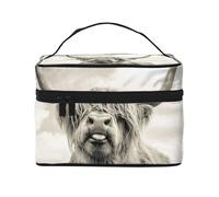 Borsa per il trucco, Borsa per cosmetici grande Borsa da viaggio portatile in pelle impermeabile per donne e ragazze,Mucca divertente dell'altopiano