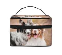 Borsa per il trucco, Borsa per cosmetici grande Borsa da viaggio portatile in pelle impermeabile per donne e ragazze,Due pastori australiani Border Collie