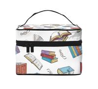 Borsa per il trucco, Borsa per cosmetici grande Borsa da viaggio portatile in pelle impermeabile per donne e ragazze,Libri dalla biblioteca scarabocchio