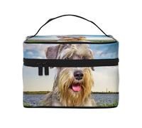 Borsa per il trucco, Borsa per cosmetici grande Borsa da viaggio portatile in pelle impermeabile per donne e ragazze,Schnauzer Lawn Pets Cani grigi Chnauzer