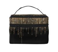Borsa per il trucco, Borsa per cosmetici grande Borsa da viaggio portatile in pelle impermeabile per donne e ragazze,Frangia glitter scintillante oro nero
