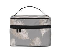 Borsa per il trucco, Borsa per cosmetici grande Borsa da viaggio portatile in pelle impermeabile per donne e ragazze,Holden Decor Fawning Feather Grigio Oro rosa metallizzato