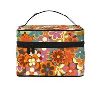 Borsa per il trucco, Borsa per cosmetici grande Borsa da viaggio portatile in pelle impermeabile per donne e ragazze,Stampa floreale colorata retrò anni '70