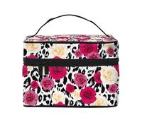 Borsa per il trucco, Borsa per cosmetici grande Borsa da viaggio portatile in pelle impermeabile per donne e ragazze,Fiori leopardati colorati