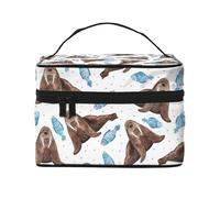 Borsa per il trucco, Borsa per cosmetici grande Borsa da viaggio portatile in pelle impermeabile per donne e ragazze,Tricheco marrone dell'acquerello