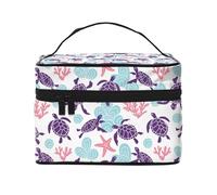 Borsa per il trucco, Borsa per cosmetici grande Borsa da viaggio portatile in pelle impermeabile per donne e ragazze,Stella marina retrotartaruga