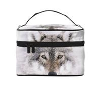 Borsa per il trucco, Borsa per cosmetici grande Borsa da viaggio portatile in pelle impermeabile per donne e ragazze,Lupo nella pittura invernale