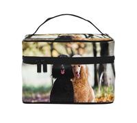 Borsa per il trucco, Borsa per cosmetici grande Borsa da viaggio portatile in pelle impermeabile per donne e ragazze,Foresta autunnale di due barboncini reali