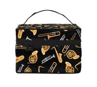 Borsa per il trucco, Borsa per cosmetici grande Borsa da viaggio portatile in pelle impermeabile per donne e ragazze,Sassofono Trombone Musica Nero
