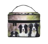 Borsa per il trucco, Borsa per cosmetici grande Borsa da viaggio portatile in pelle impermeabile per donne e ragazze,Famiglia dei Border Collie