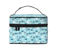 Borsa per il trucco, Borsa per cosmetici grande Borsa da viaggio portatile in pelle impermeabile per donne e ragazze,Animali della vita marina foca squalo balena pinguino e