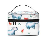 Borsa per il trucco, Borsa per cosmetici grande Borsa da viaggio portatile in pelle impermeabile per donne e ragazze,Anguria ippopotamo carino acquerello
