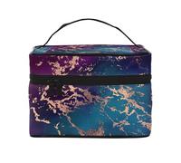 Borsa per il trucco, Borsa per cosmetici grande Borsa da viaggio portatile in pelle impermeabile per donne e ragazze,Decoro in marmo di lusso viola scuro e verde acqua con oro