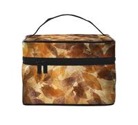 Borsa per il trucco, Borsa per cosmetici grande Borsa da viaggio portatile in pelle impermeabile per donne e ragazze,Lino autunnale marrone beige con foglie dorate