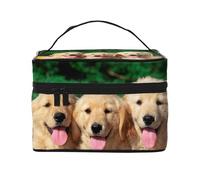 Borsa per il trucco, Borsa per cosmetici grande Borsa da viaggio portatile in pelle impermeabile per donne e ragazze,Golden Retriever con cane personalizzato con faccia sorridente