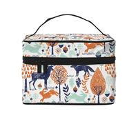 Borsa per il trucco, Borsa per cosmetici grande Borsa da viaggio portatile in pelle impermeabile per donne e ragazze,Animali del bosco blu scuro e arancione