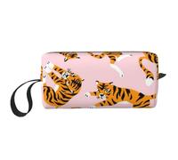 Borsa per il trucco, Borsa per la ricezione Borsa per cosmetici da viaggio Borsa da toilette Borsa per trucco portatile Organizer,Tigri Carini Animali Da Circo Su Sfondo Rosa