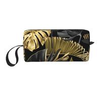 Borsa per il trucco, Borsa per la ricezione Borsa per cosmetici da viaggio Borsa da toilette Borsa per trucco portatile Organizer,Foglie tropicali nere dorate